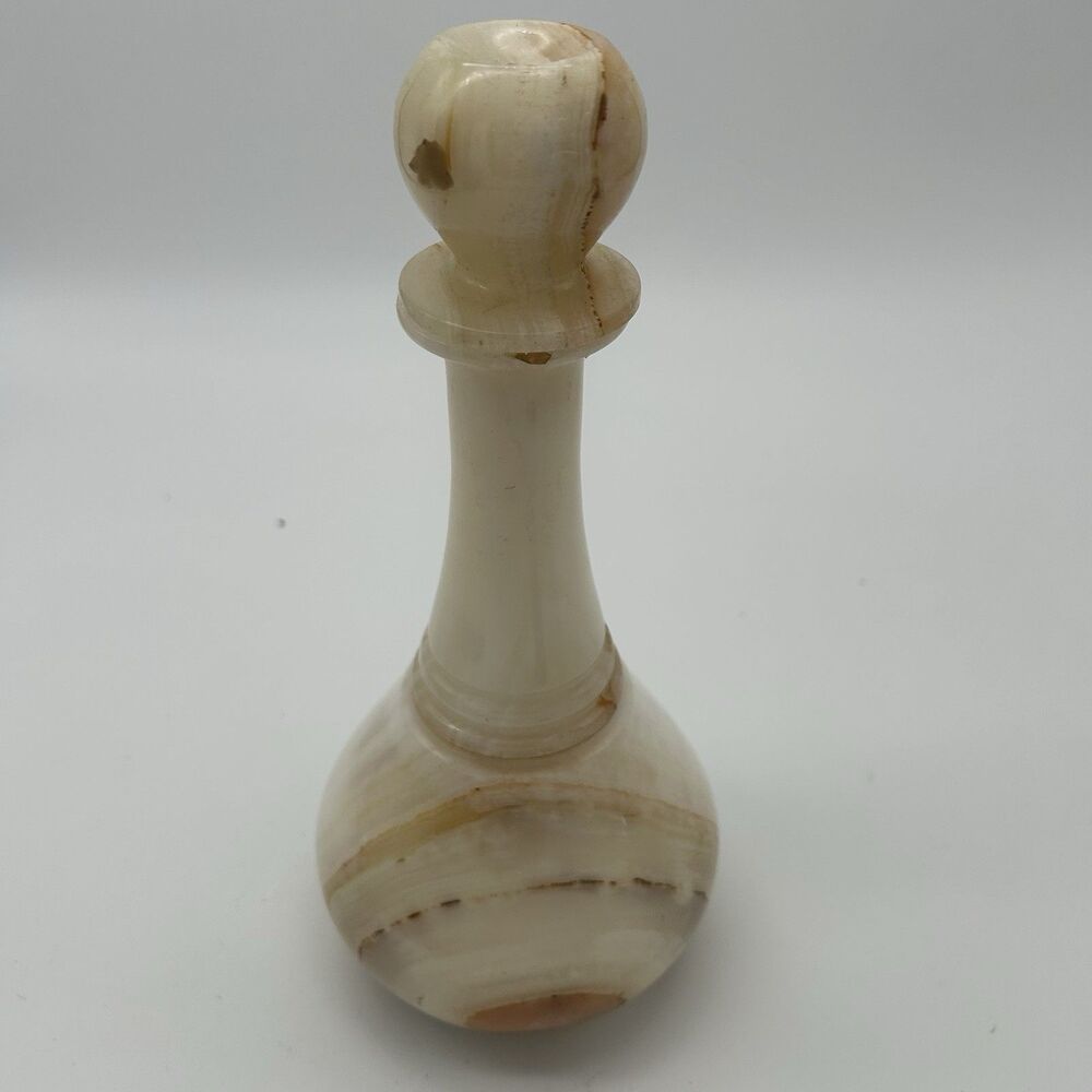 Vintage Banded Onyx Marble Stone Liquor Decanter w/ Stopper 10” Hand Carved